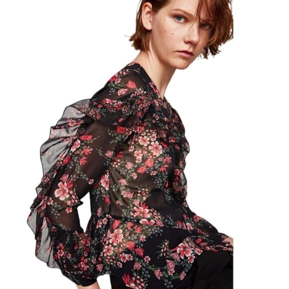 Zara Black Pink Floral Sheer Ruffle Long Sleeve Peplum Top Size Large - Picture 4 of 13
